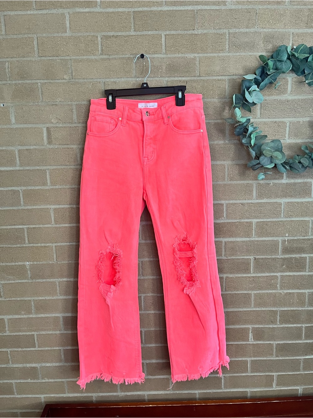 Bright Coral Pink Straight-Leg Distressed Jeans - Picture 2 of 5